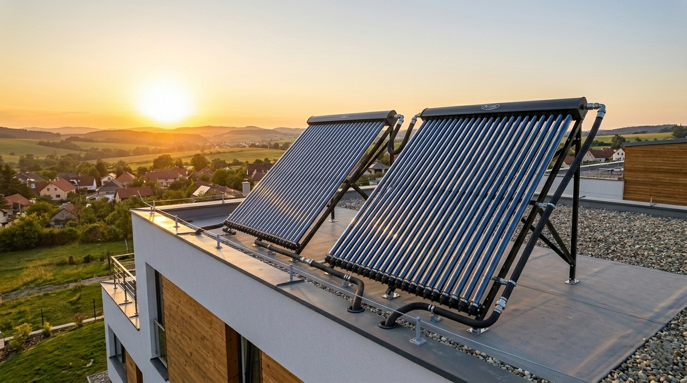 Vakuové kolektory Xtra-Solar na střeše při západu slunce
